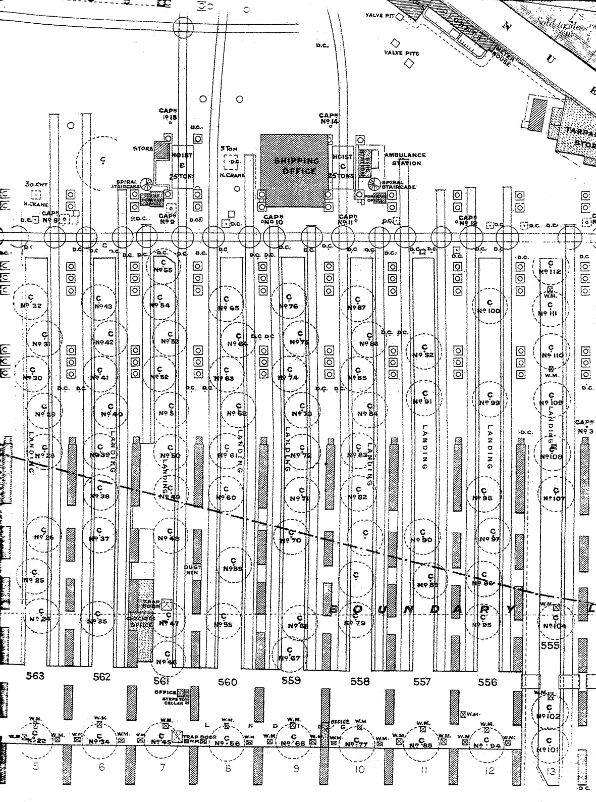An extract from the LNWR 40-foot survey of 1921 showing the sidings, landing and cranes etc. within the under-croft of Broad Street station.