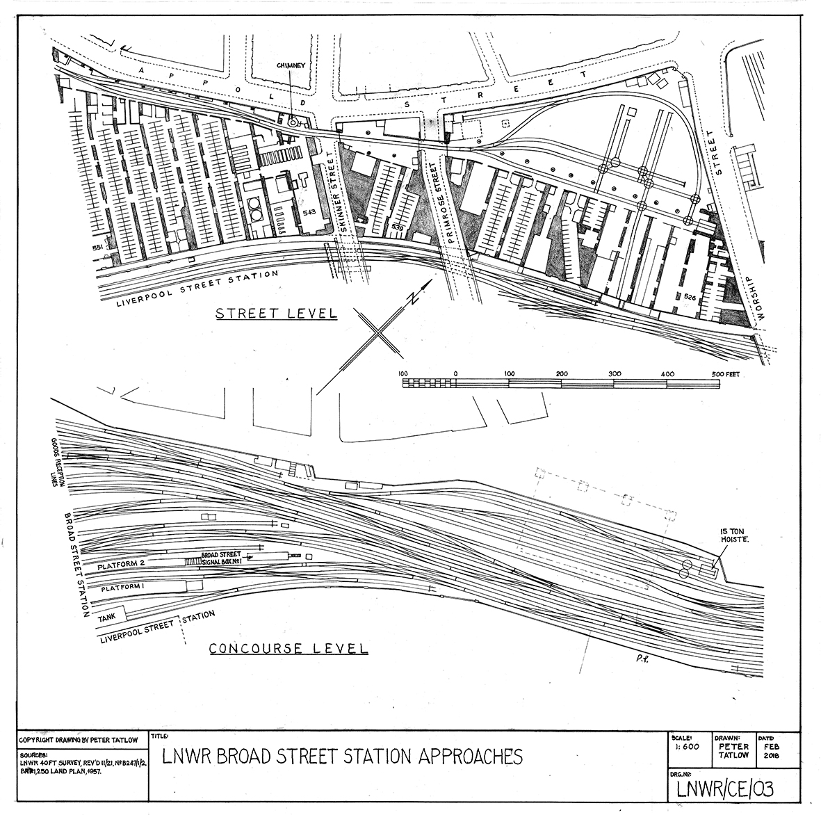 Plans of the approach to Broad Street station at street and elevated levels.