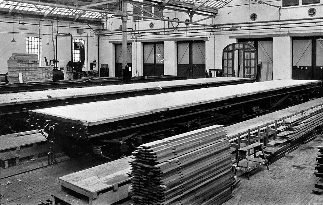 Photo of First Operation in Progressive Building of Standard Carriages : Completed Bottoms.