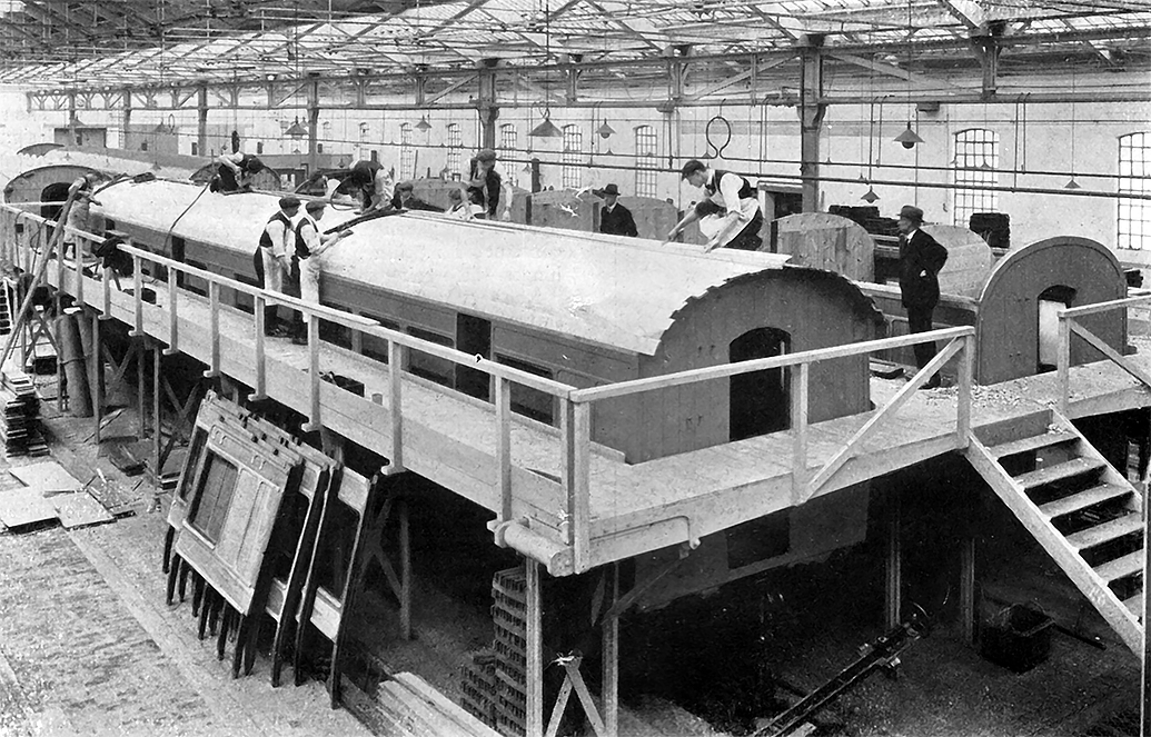 Photo of Second Operation in Progressive Building of Standard Carriages: Constructing Roof.