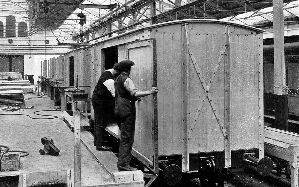Photo of Hanging Doors on 12-Ton Covered Goods Wagons.